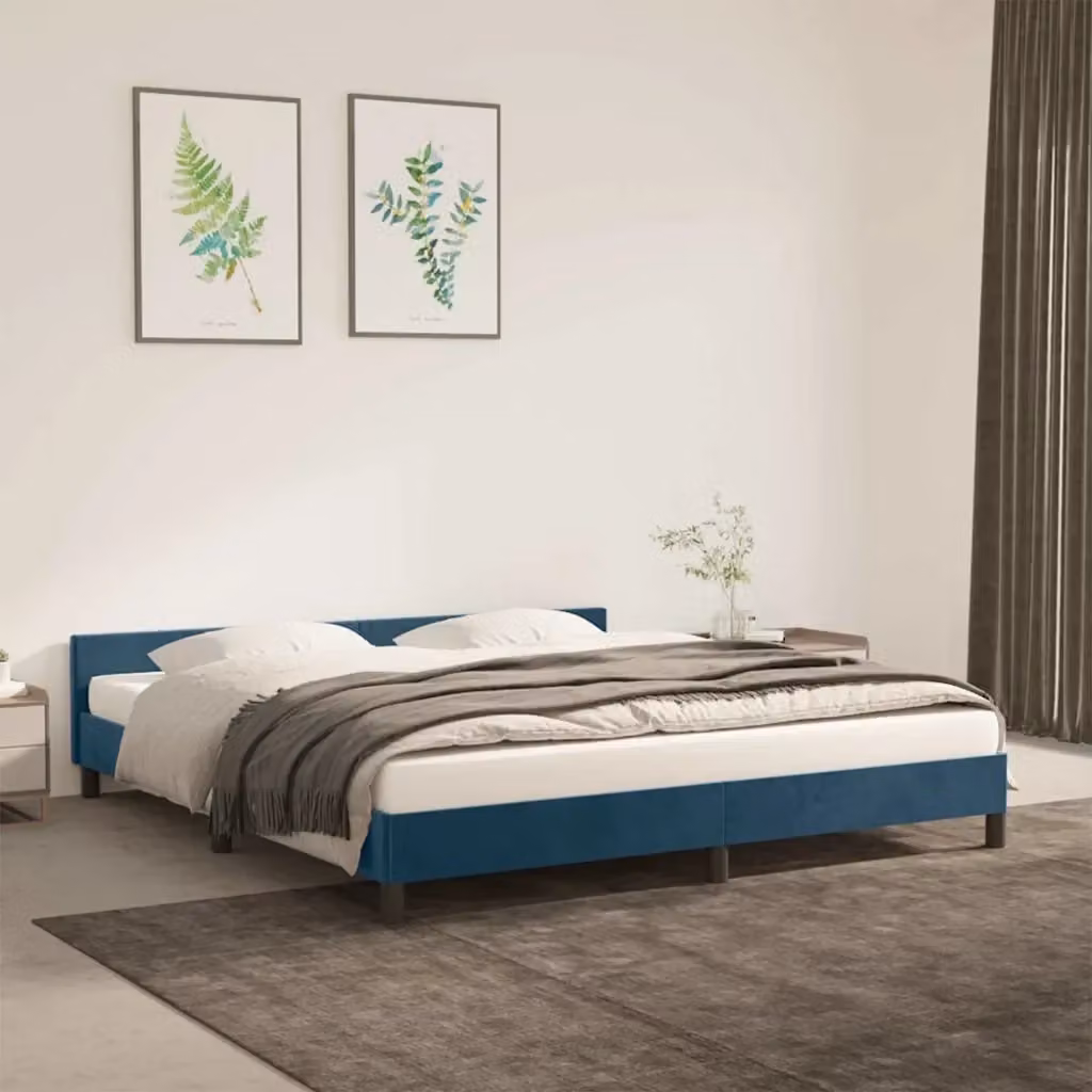 Letto matrimoniale moderno in velluto blu con struttura imbottita e doghe in legno L/P/H: 180 x 200 x 50 cm – 2