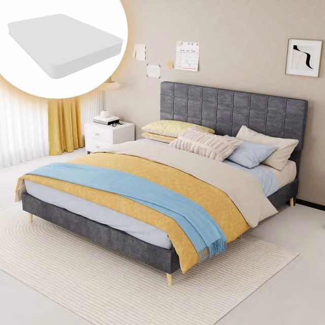 Letto matrimoniale 160×200 cm con testiera imbottita a quadri, materasso incluso, tessuto grigio