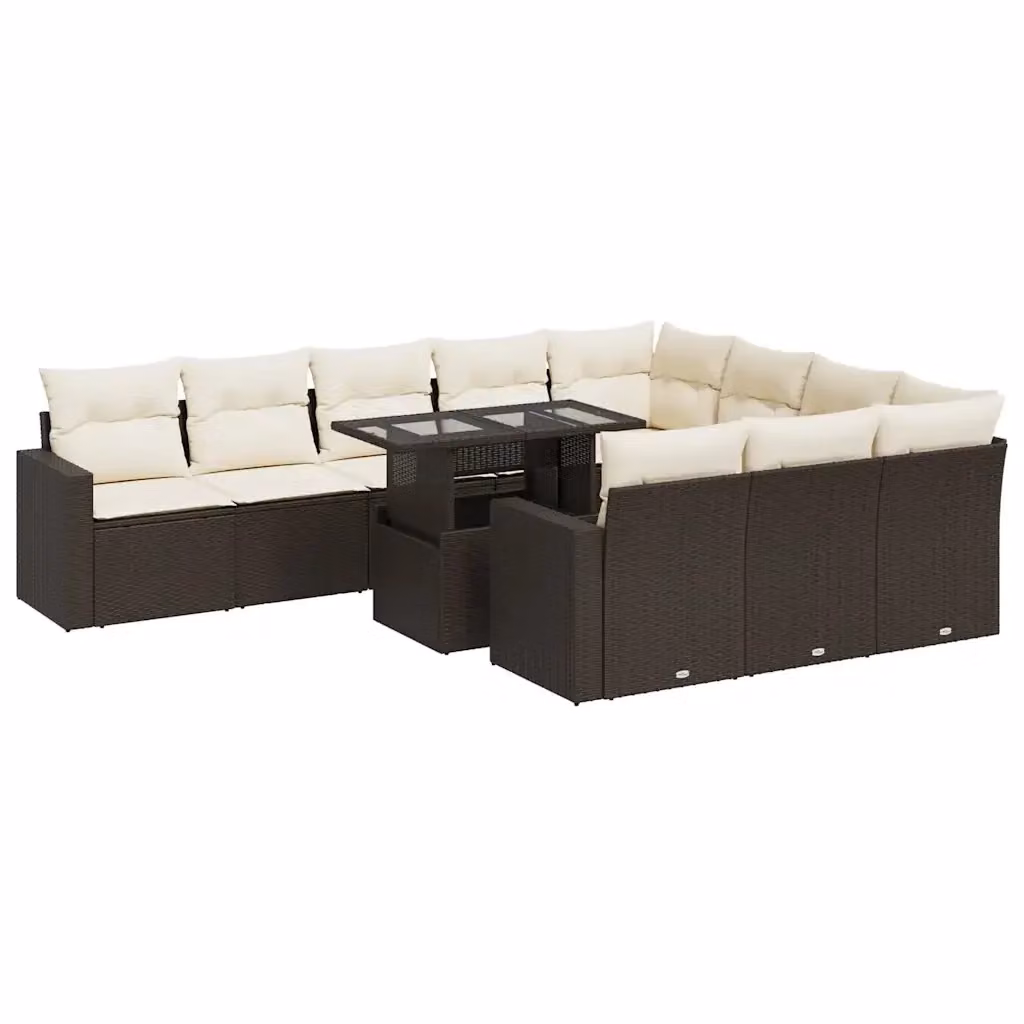Set di Divani da Giardino vidaXL 11 Pezzi in Polyrattan Marrone con Cuscini Bianchi e Tavolino da Esterno a Forma di U – 2