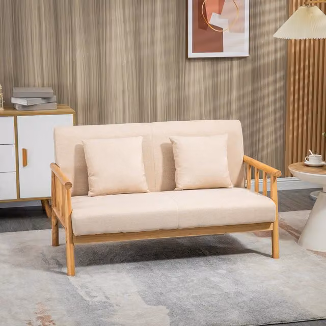 Divano a 2 posti Mivray in tessuto beige con struttura in legno e 2 cuscini L: 123 cm, P: 74 cm, H: 69 cm