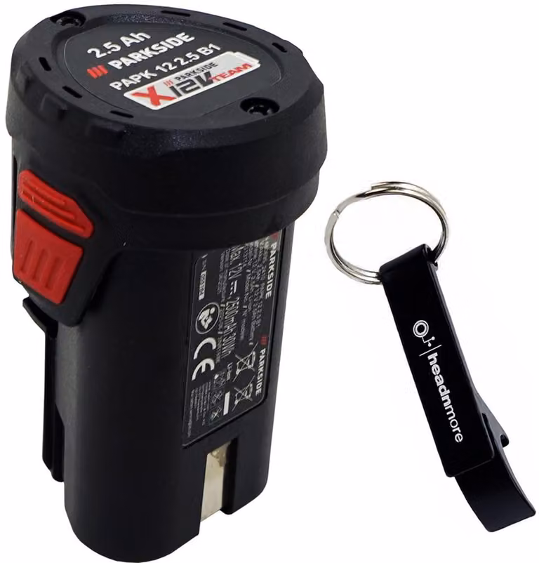 Batteria PARKSIDE PERFORMANCE® 12 V / 2,5 Ah / batteria di ricambio PAPK 12 + apribottiglie HEADNMORE® con portachiavi e matita da carpentiere