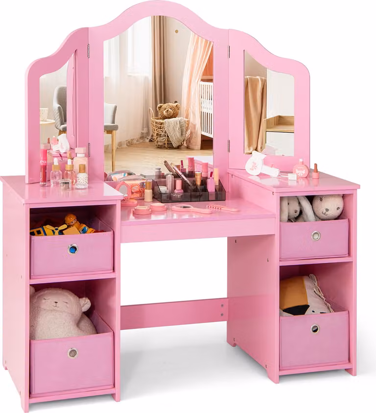 COSTWAY Tavolino da toilette per bambini 2 in 1 con specchio rimovibile, tavolino da toilette da principessa con scomparti aperti (con scatola, rosa)