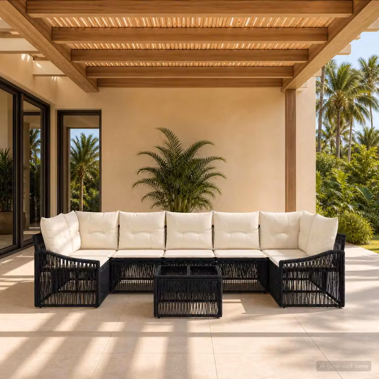 Set Divano da Giardino vidaXL 8 Pezzi a Forma di U in Polyrattan Nero con Cuscini e Tavolino da Caffè