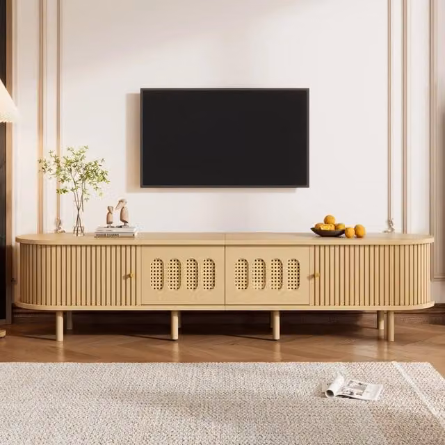 Mobile TV con 2 ante e 2 ante scorrevoli, design effetto rattan, 8 piedi, per soggiorno, 180×40×40 cm