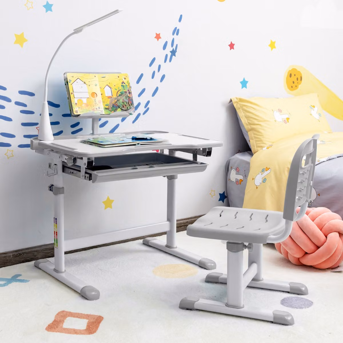 Set scrivania e sedia per bambini Costway con altezza regolabile, leggio per libri e luce LED, Grigio
