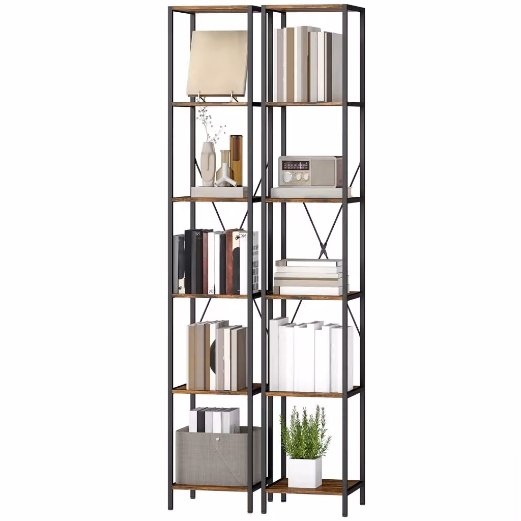 Libreria Minimal in Legno e Metallo Stile Industrial con 6 Ripiani, Colore Marrone, L: 60 cm, P: 24 cm, H: 200 cm – 2