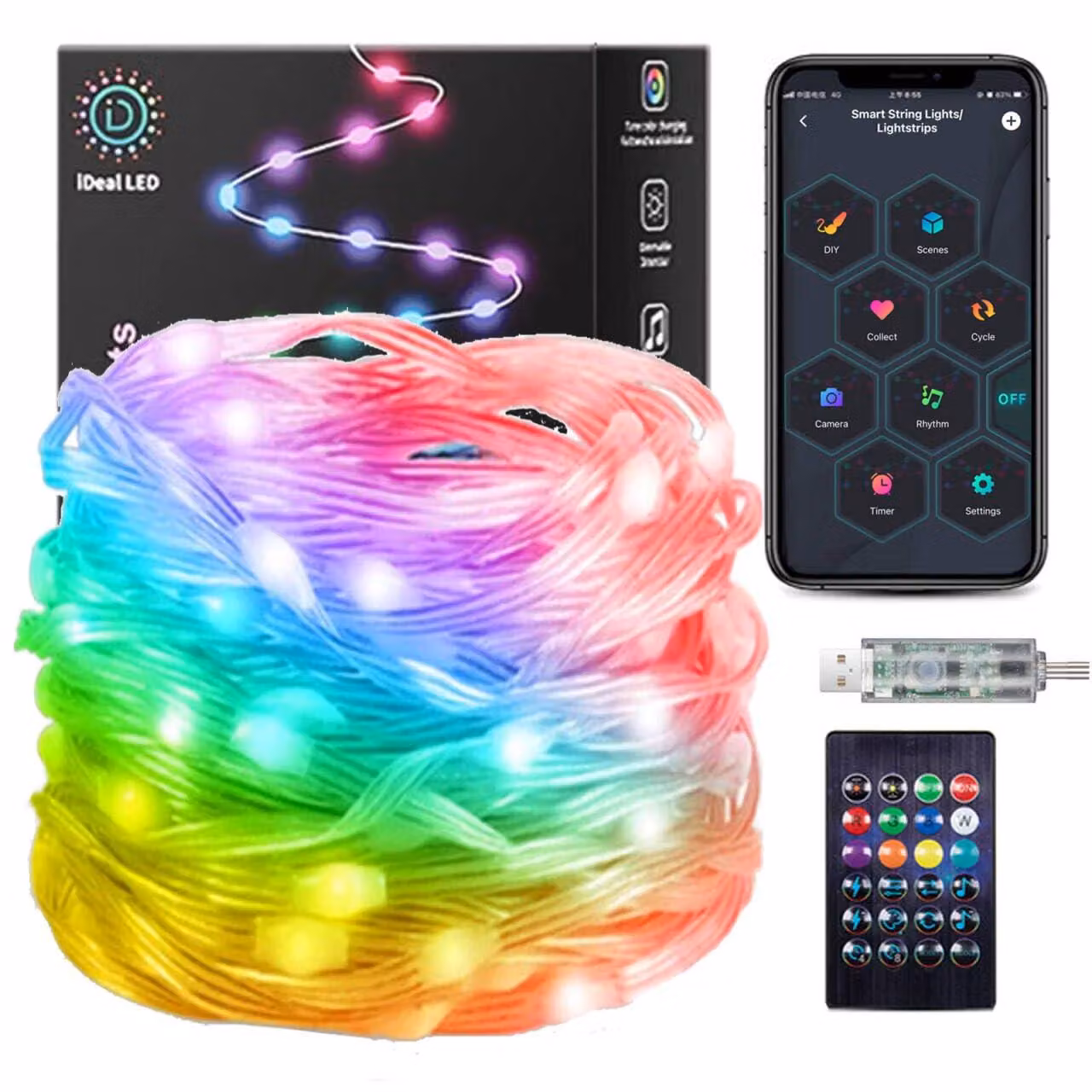 Catena luminosa a LED, 200 LED, cambio colore, sincronizzazione con la musica, 20 metri, alimentazione USB