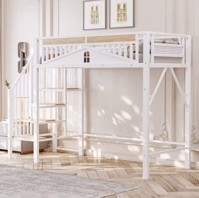 Letto a soppalco ULEVR 90x200 cm in metallo bianco con scala di sicurezza, vani contenitore e barriera con finestra