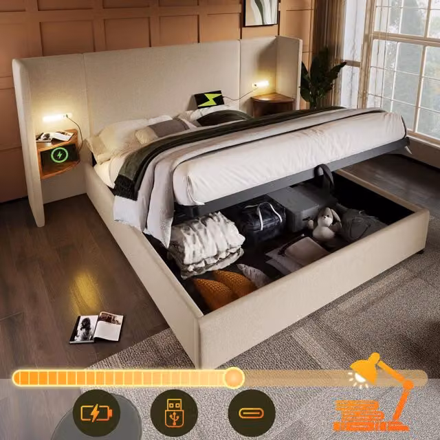 Letto imbottito matrimoniale 160x200 cm con comodino, luce di lettura e ricarica USB Type-C, rete a doghe, lino - Beige (senza materasso)