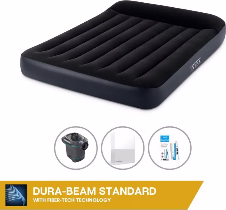 Letto gonfiabile Intex - 2 persone - 137 x 191 x 25 cm - nero + pompa elettrica Intex - 650 litri/min + lenzuola bianche + kit di riparazione