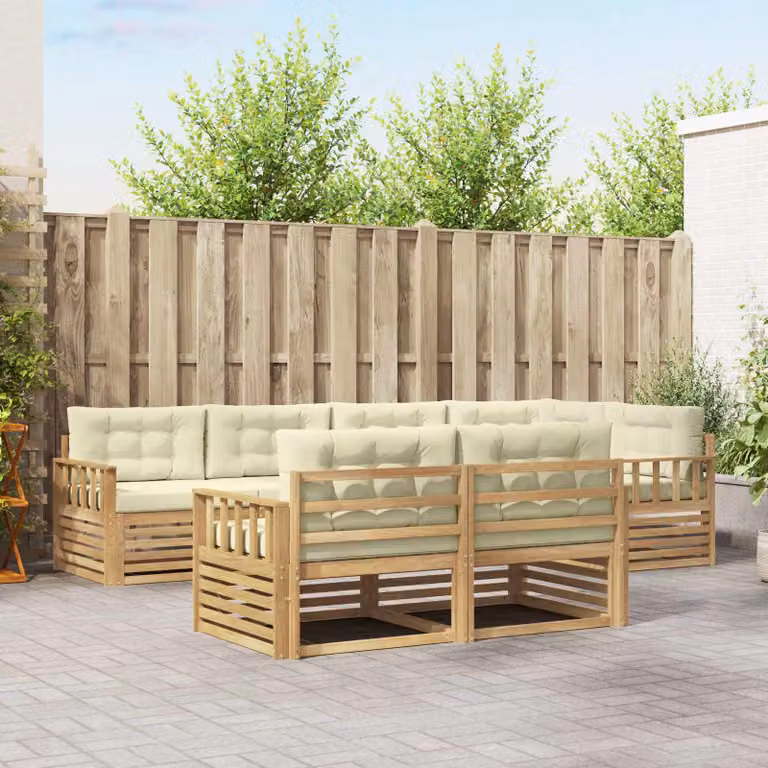 Set di divani da esterno vidaXL 7 pz in legno di acacia con cuscini Bianco e Beige