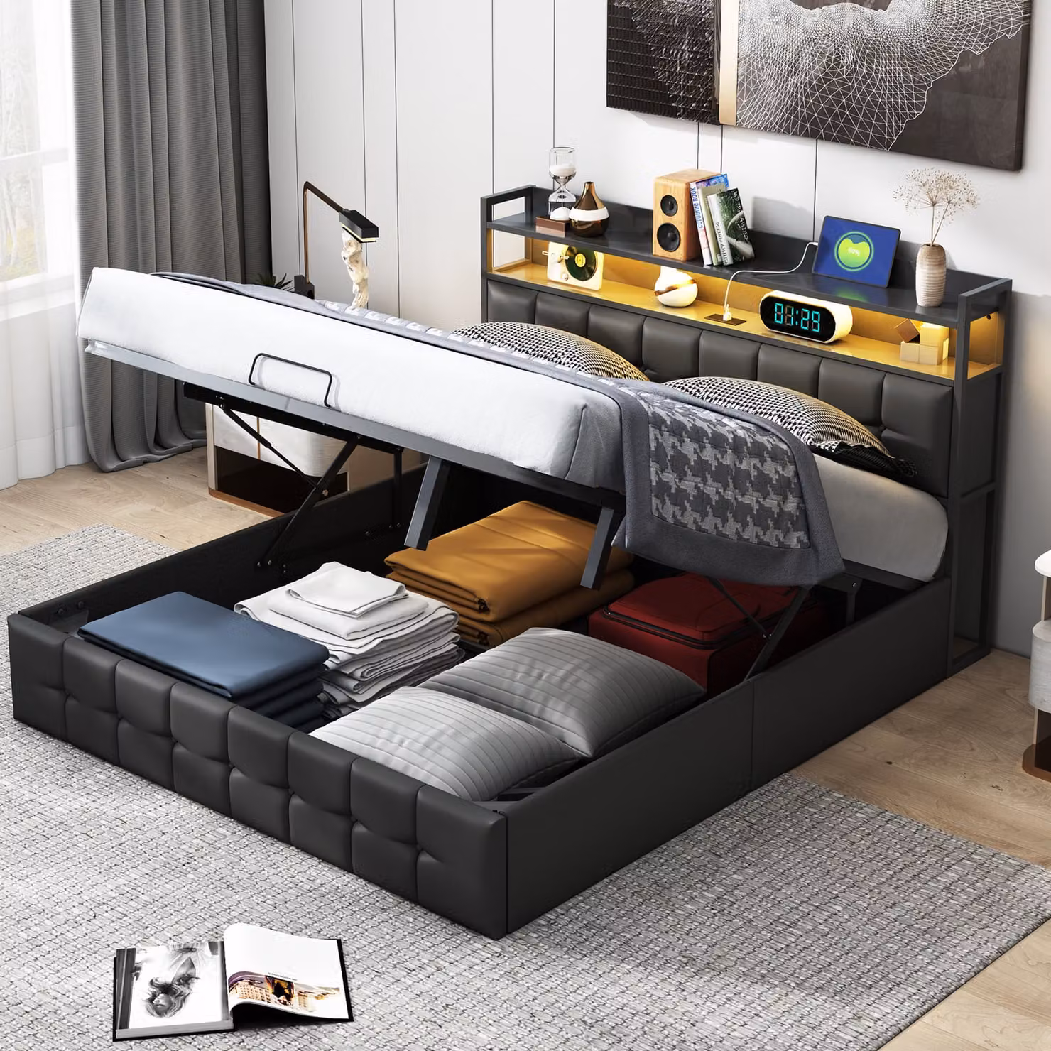 Letto imbottito ProximaX 160x200cm con USB e prese di corrente, letto per ragazzi letto matrimoniale con rete a doghe e contenitore, letto contenitore con LED, PU，nero