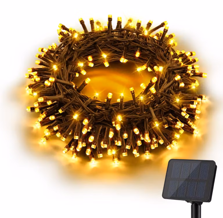 Catena luminosa solare, 12 metri, 120 LED, grado di protezione IP65, 8 modalità, luce bianco caldo