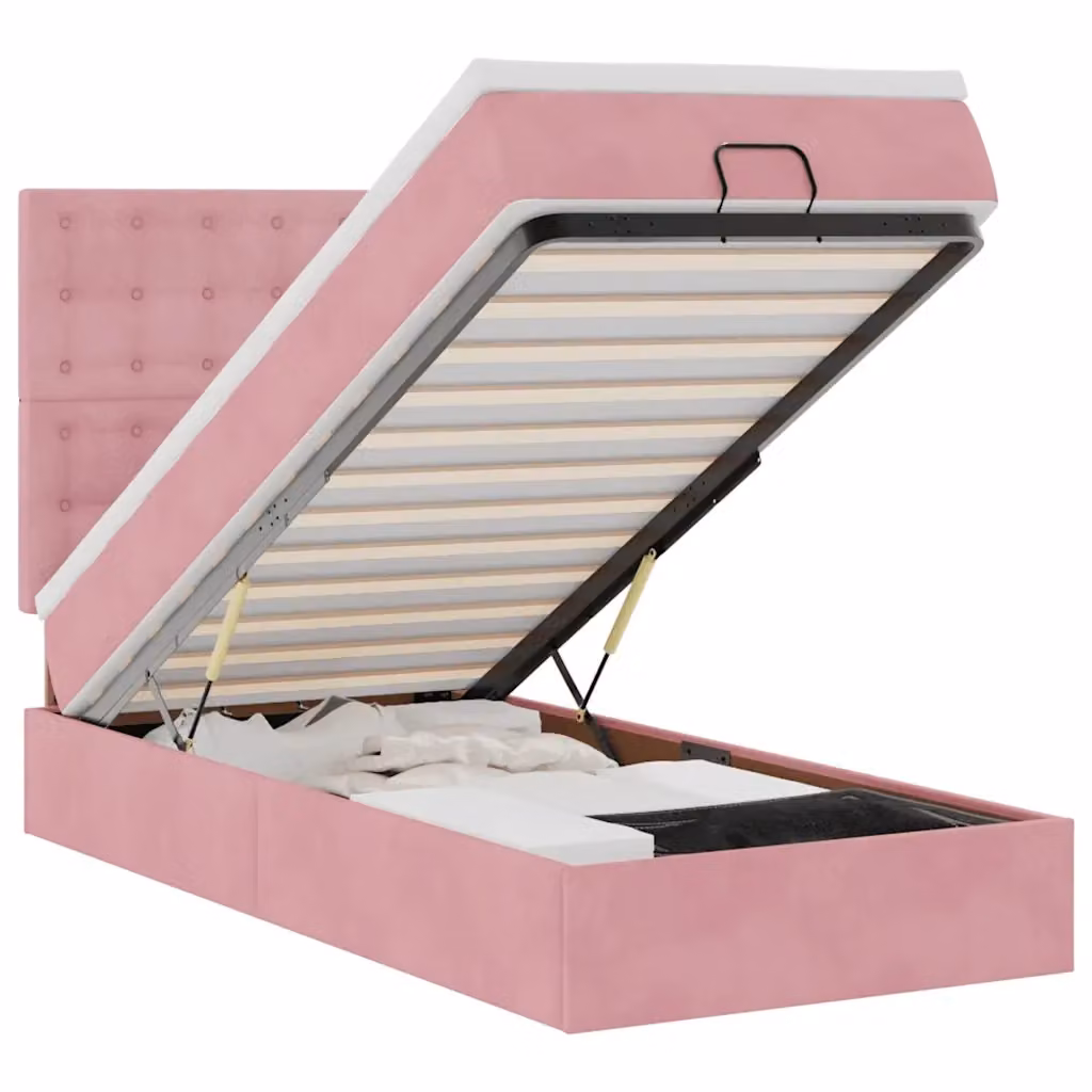 Letto con contenitore a sollevamento e base con illuminazione sottostante vidaXL in velluto rosa e bianco, L: 200 cm, P: 80 cm, H: 128 cm – 2