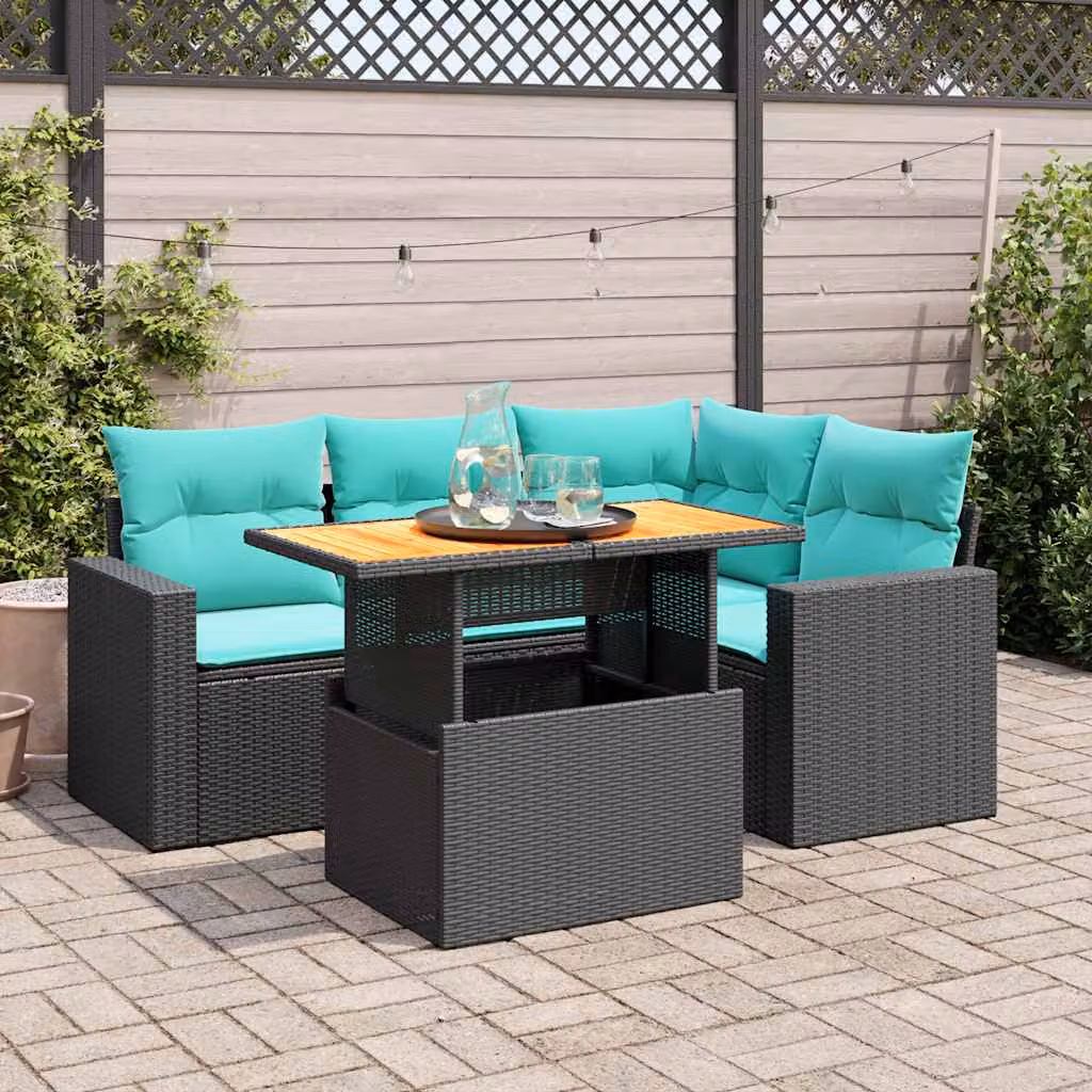 Set da giardino vidaXL composto da 5 pezzi con poltrona lounge, elemento angolare, tavolino da caffè e cuscini, design moderno a forma di L in rattan e metallo nero