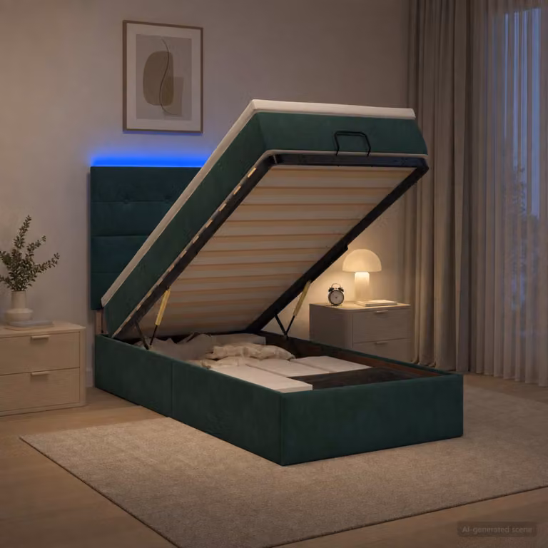 Letto Ottomano vidaXL con Materasso Ibrido e Illuminazione LED sotto il letto, Rivestimento in Velluto Verde Scuro, L/P/H: 200 x 90 x 88 cm