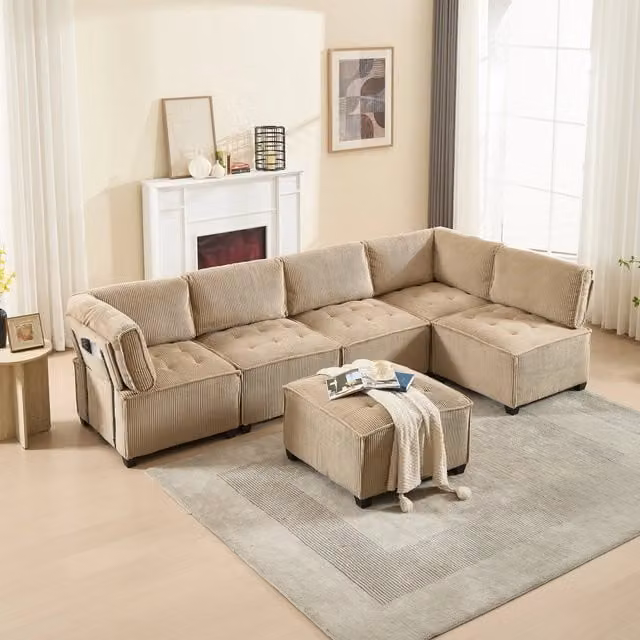 Divano panoramico modulare MIVRAY a 6 posti in velluto a coste verde e beige convertibile in letto con design moderno a forma di U