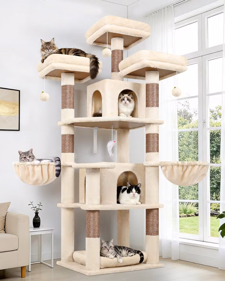 Albero per gatti color beige, altezza 174 cm, con 3 piattaforme, 2 casette, 2 ceste, rivestito in sisal, adatto per 2-4 gatti