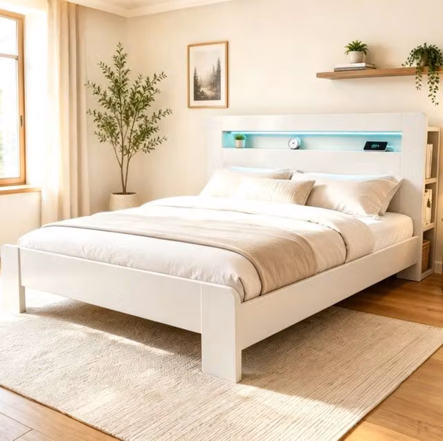 Letto matrimoniale 180x200 cm bianco con LED, prese e testiera contenitore