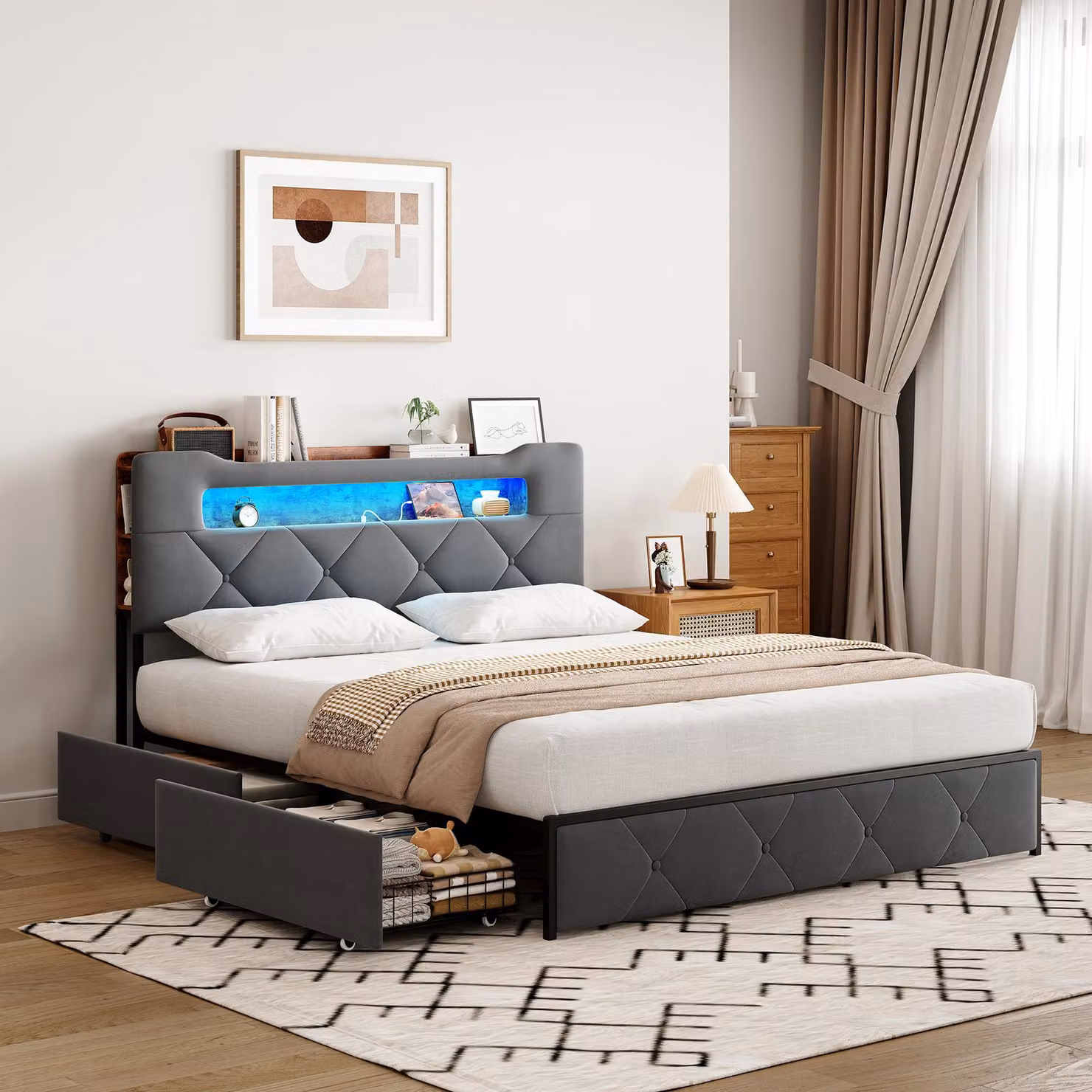 Letto matrimoniale 160 x 200 cm in velluto grigio con illuminazione LED, connessione USB, rete a doghe, contenitore nella testata e 4 cassetti, velluto, grigio