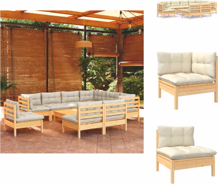 vidaXL Set da giardino da 10 pezzi con cuscini crema in legno di pino massiccio - Set di mobili da giardino