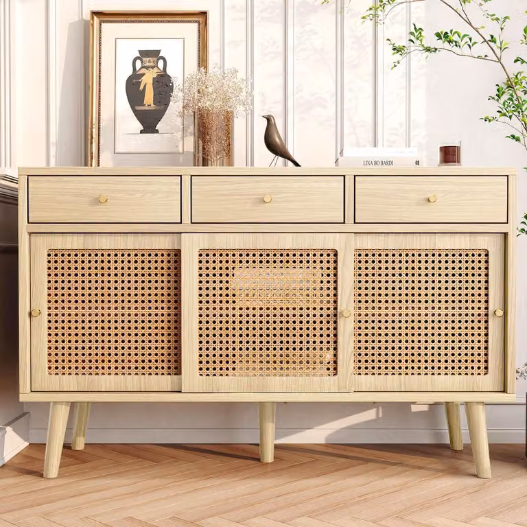 Credenza in rattan con 3 cassetti, 3 ante scorrevoli, dimensioni 120x40x78 cm, finitura effetto legno di quercia, realizzata in MDF con gambe in legno massello