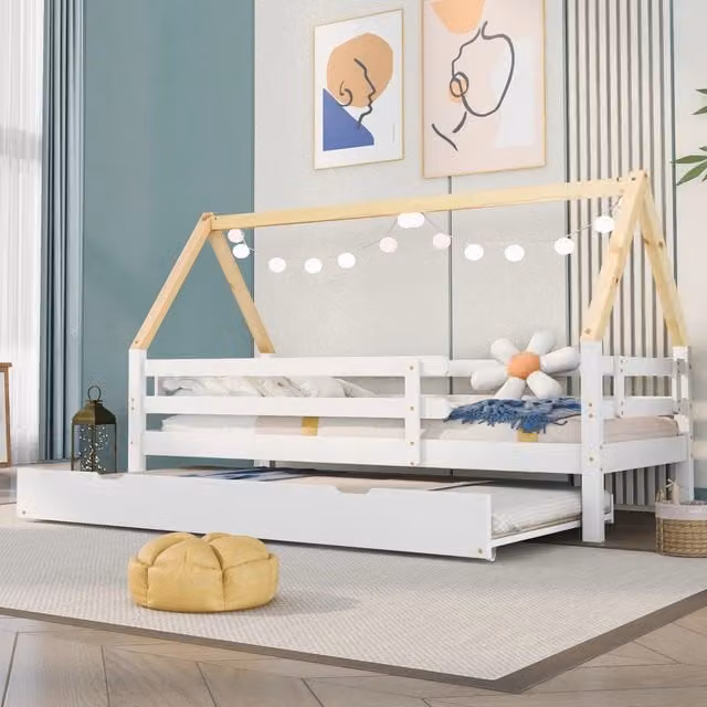Letto a casetta per bambini in legno massello di pino con letto estraibile e sponde di sicurezza, bianco e naturale, L/P/H: 200 x 90 x 95 cm