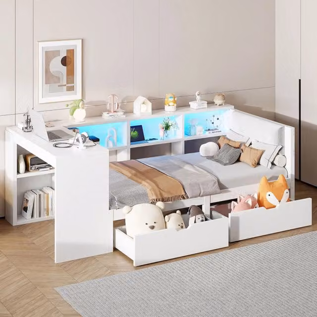 Letto singolo 90x200 cm a piattaforma con testiera imbottita; mensole; cassetti; LED e ricarica USB; bianco