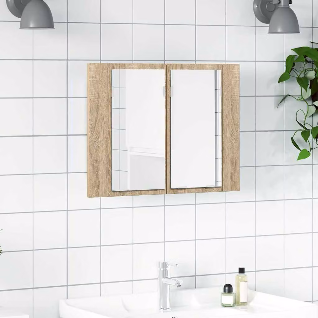 Armadietto a specchio da bagno vidaXL con luci LED, design moderno in Rovere Sonoma e finitura marrone, con ante a battente e ripiani interni, L: 60 cm, H: 45 cm, P: 12 cm