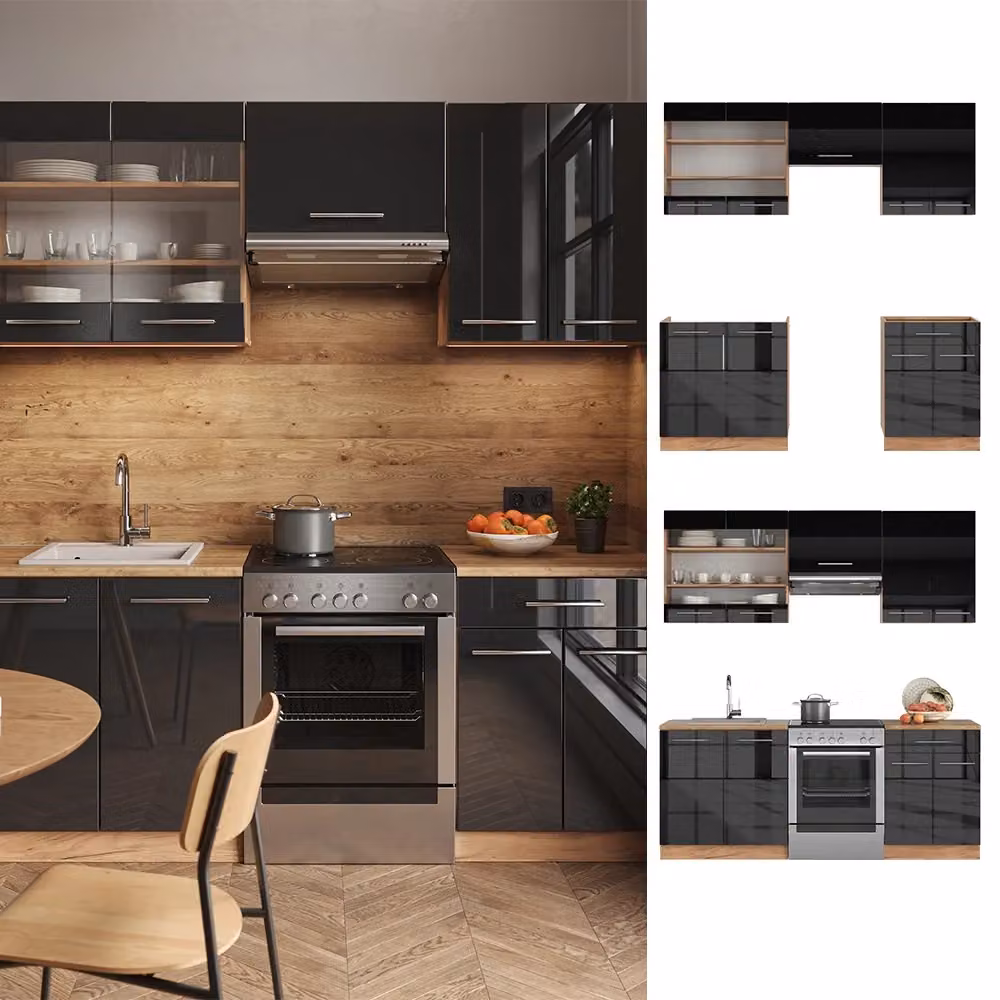 Cucina componibile moderna Fame-Line Vicco in antracite lucido e rovere, L: 200 cm – 2