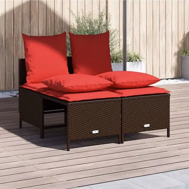 Set da giardino vidaXL composto da divano a 2 posti e pouf con cuscini marroni in rattan e struttura in metallo – 1