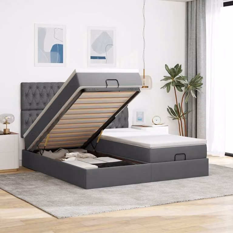 vidaXL Struttura Letto con Contenitore a Sollevamento e Materasso in Tessuto, Grigio e Bianco, L 180 x P 200 cm