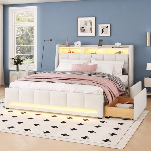 Letto imbottito 140x200 cm in lino e MDF con LED APP; USB e 2 cassetti; beige