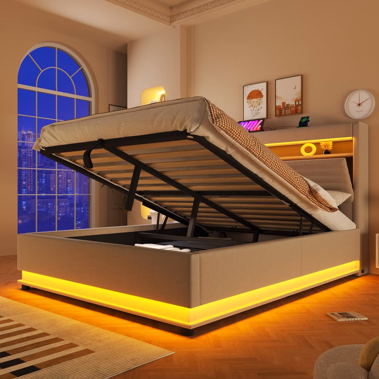 Letto imbottito idraulico Flieks 140x200 cm con LED, letto matrimoniale con contenitore, porta USB e Type-C, letto per ragazzi con contenitore e rete a doghe, lino, beige