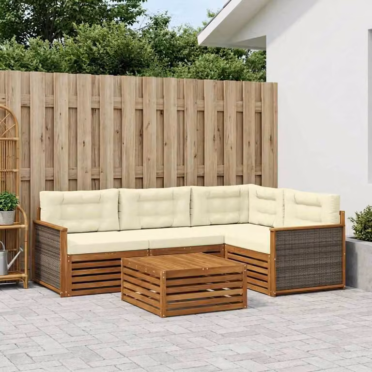 Set di divani da esterno vidaXL 5 pezzi in legno di acacia con cuscini, colore beige e marrone, design moderno a forma di L per giardino e terrazza