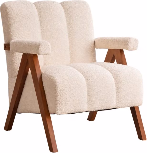 Poltrona Chicfurn in bouclé beige con struttura in legno massello di quercia e design mid-century per soggiorno o camera da letto – 1