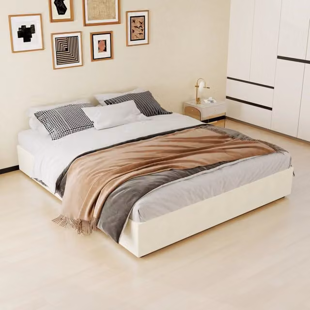 Letto matrimoniale moderno 160x200 cm in tessuto e metallo; beige; senza testiera