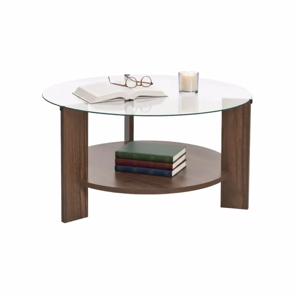 Tavolino da salotto rotondo DMORA con piano in vetro trasparente e struttura marrone, L/P/H: 75 x 75 x 40 cm – 2