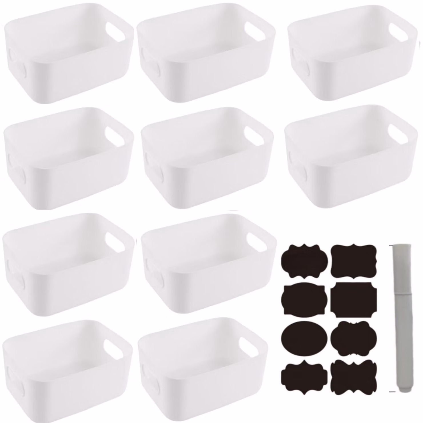Set di contenitori per l'organizzazione, 10 pezzi, dimensioni 8x30 cm (8 pezzi) + 2x25 cm (2 pezzi), colore bianco, impilabili