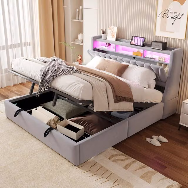Letto contenitore matrimoniale 180 × 200 cm con USB, tipo C, LED e vani testiera, senza materasso, grigio chiaro