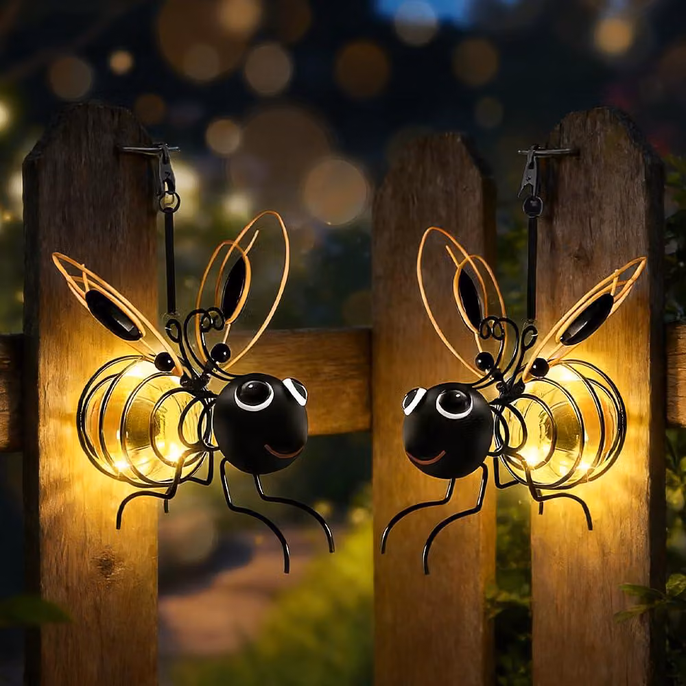 Confezione da 2 lanterne solari a forma di ape, da appendere, resistenti agli agenti atmosferici, con luci LED, per uso esterno