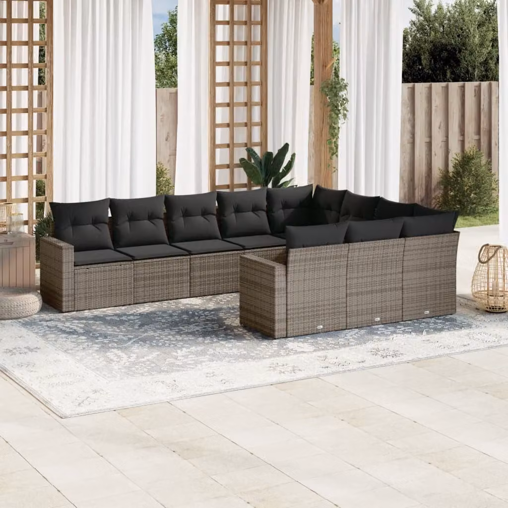 vidaXL Set Divano da Giardino a L 10 pz in Polyrattan Grigio con Cuscini Imbottiti e Coperture Rimosse