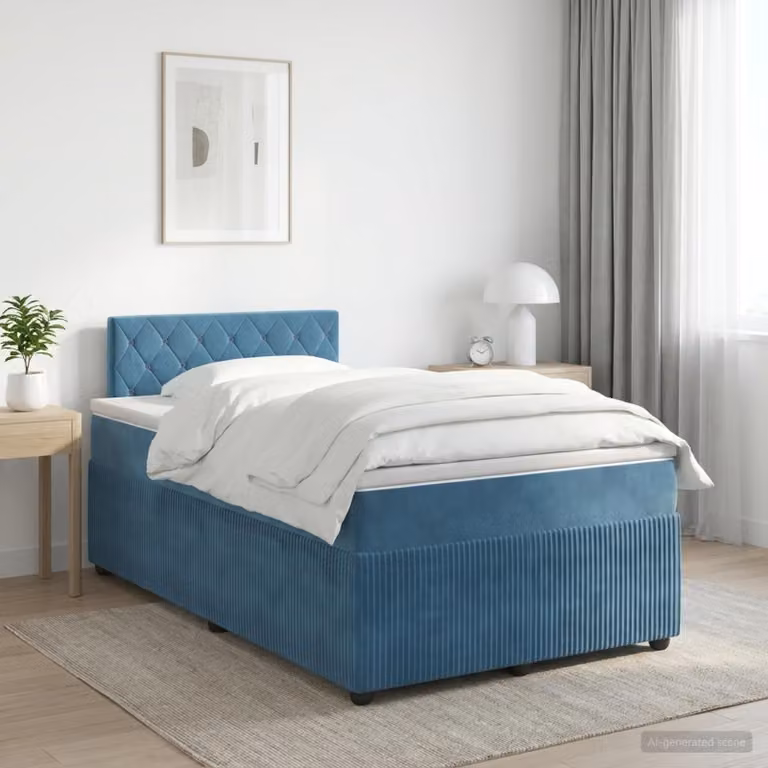 Letto con boxspring e materasso, colore blu, 120 x 190 cm, rivestito in velluto