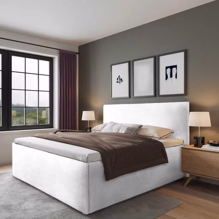 Letto imbottito Gent White 200 x 200 x 40 cm Spazio di archiviazione Con materasso H3 di alta qualità (fino a 120 kg) e rete a doghe