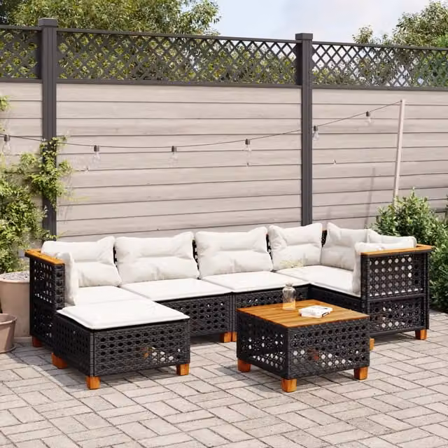 Set da giardino moderno vidaXL composto da 7 pezzi in polyrattan nero con cuscini inclusi e tavolino da caffè