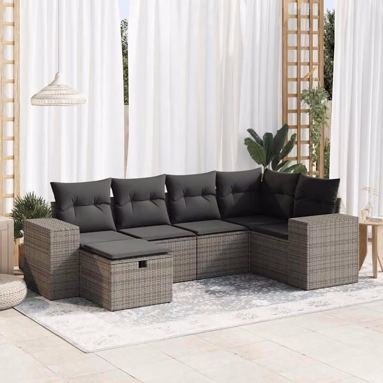 Set Divano da Giardino vidaXL 6 pz in Polyrattan Grigio con Cuscini e Forma a L