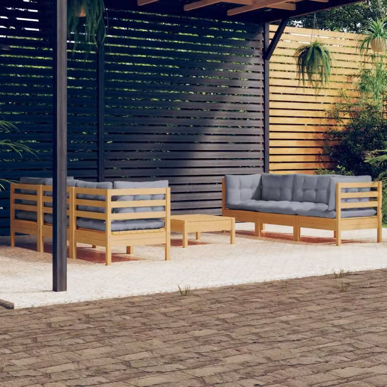 The Living Store Set da salotto da giardino 7 pezzi con cuscini grigi in legno di pino