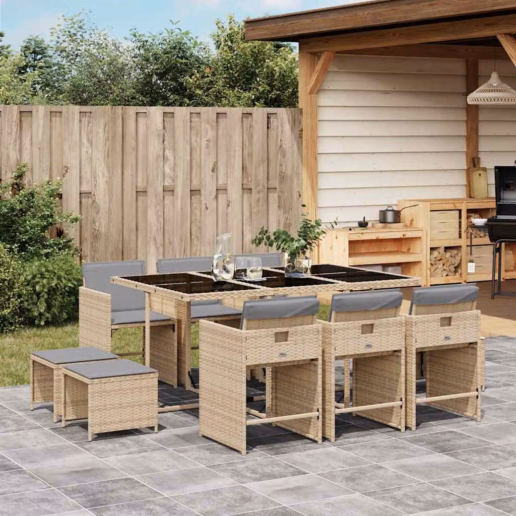 Set Pranzo da Giardino vidaXL in Polyrattan con Cuscini Beige, Nero e Grigio, 11 Pezzi – 1