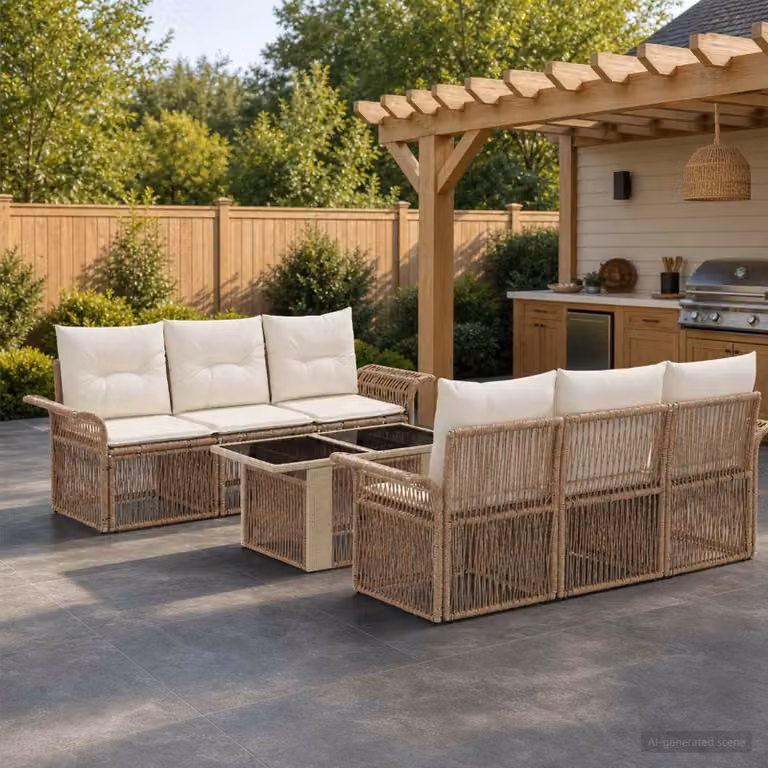 Set Divano da Giardino vidaXL 7 Pezzi in Polyrattan con Tavolino e Cuscini Beige e Bianco Crema