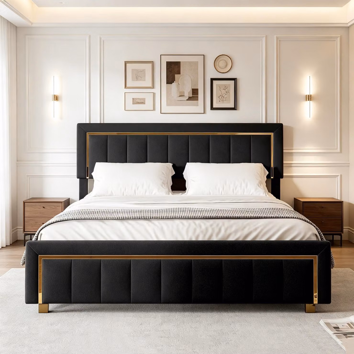 Letto imbottito INONEFT, 160x200 cm, letto con box e spazio contenitore, letto per ragazzi con rete a doghe, poggiatesta regolabile, tessuto velluto, colore nero